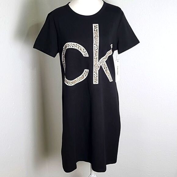 Calvin Klein Black T-Shirt Dress Leopard CK Logo on the Front, Size Large, NWT - Picture 1 of 11